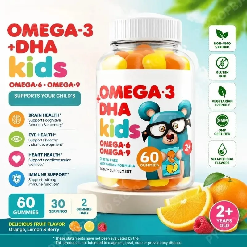 Kids Omega 3 DHA Gummies with Omega 6 & 9 Vitamin C for Brain Eye & Heart Support Vegetarian Gluten Free Ages 2+ 60 Count — image 1