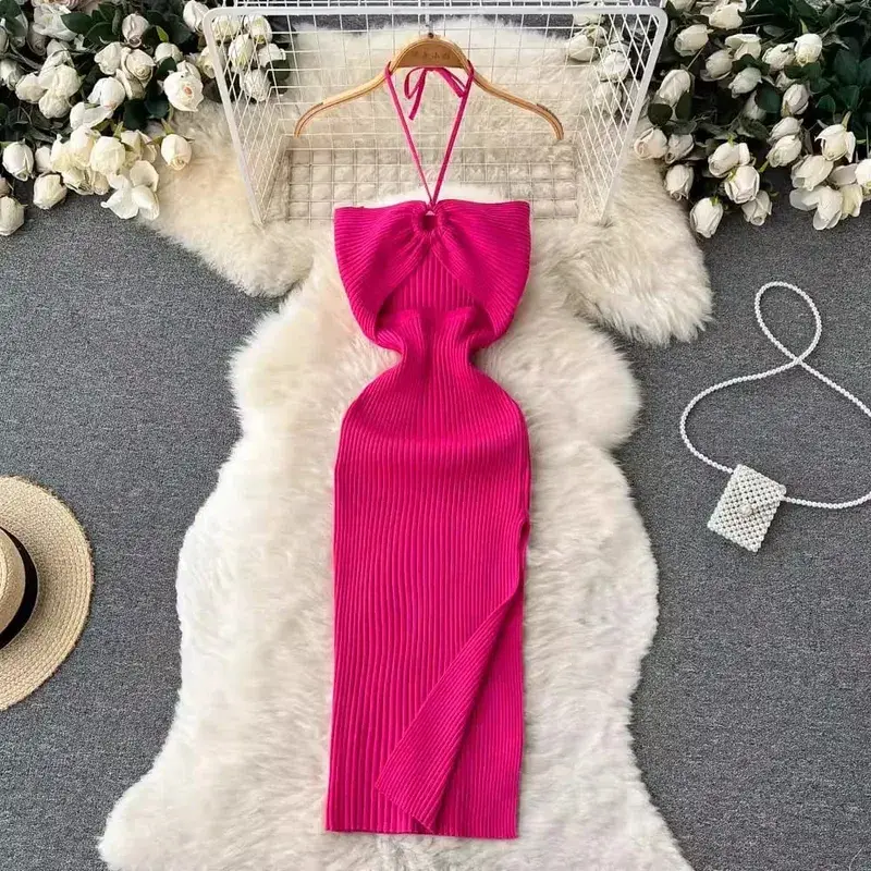 YuooMuoo elegante moda Sexy paquete caderas dividido vestido de verano de punto 2025 mujeres ajustado vestido ajustado elástico vestido de fiesta ropa de calle traje