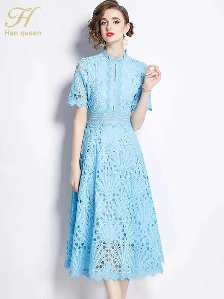 H Han Queen Spring New Elegant Casual Work Party Dresses Floral Crochet Hollow Out Lace Patchwork Casual Office Midi Dress