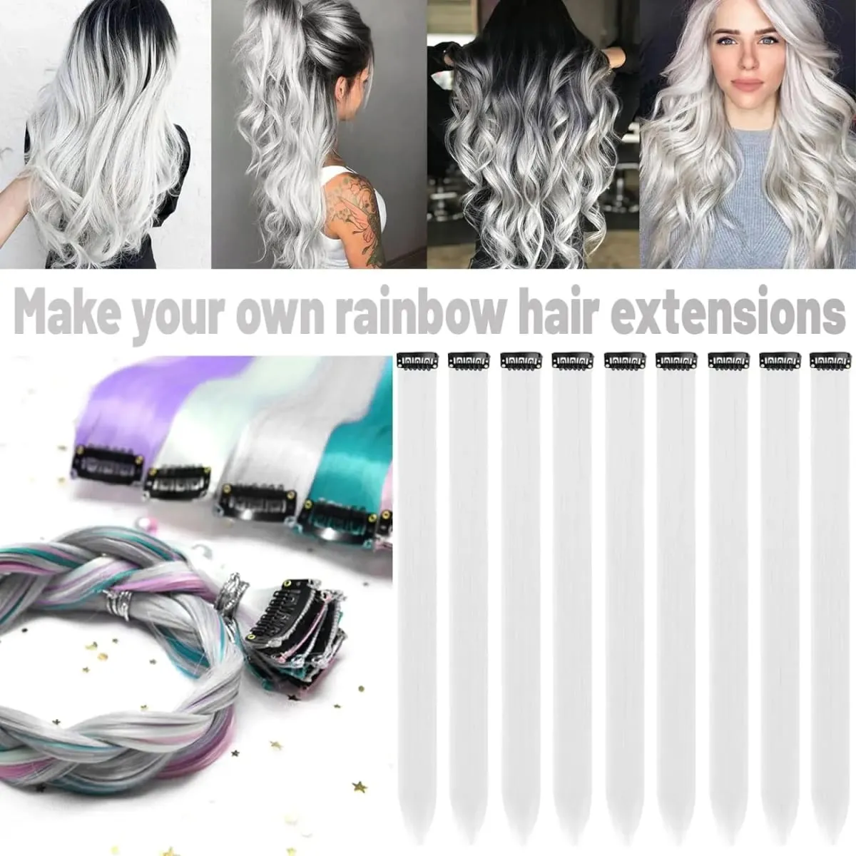 Synthetic 10Pcs colorful Hair Extensions Clip in Colored Party Highlights Extension for Kids Girls Long Straight Hairpiece