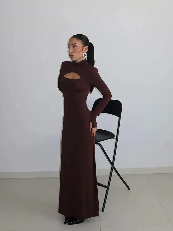 Ahagaga Guaina sexy Abiti maxi da donna Dolcevita solido Maniche lunghe regolari Scava fuori Vestibilità aderente Abiti da festa Vestaglie