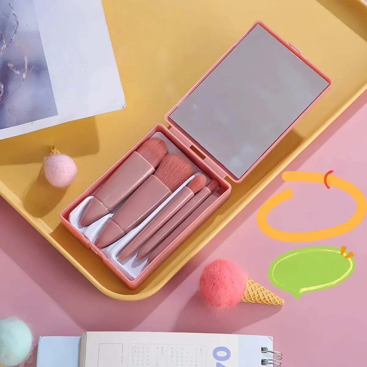 Travel-Friendly 5Pcs Makeup Brush Set with Compact Mirror & Mini Case Versatile Eyeshadow & Loose Powder Brushes