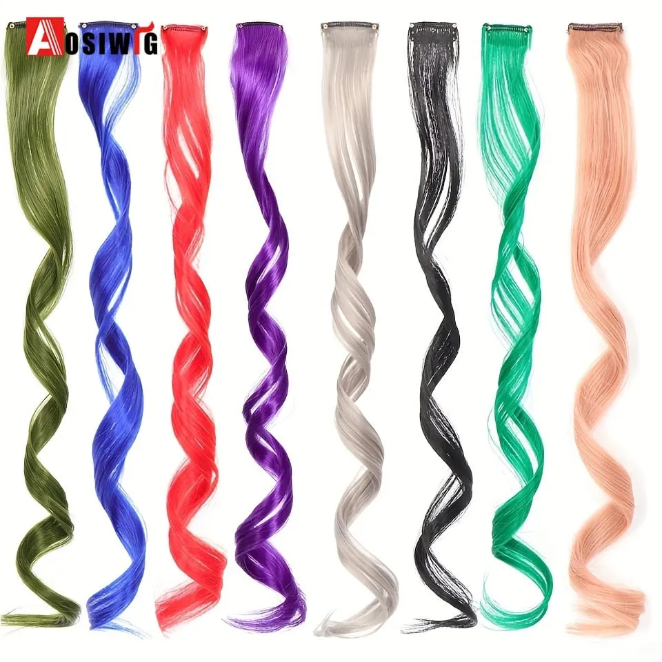 22" Synthetic Long Straight Rainbow Highlight Colored Hair Extensions Clip In One Piece Ombre Pink Purple Green Yellow For Wome
