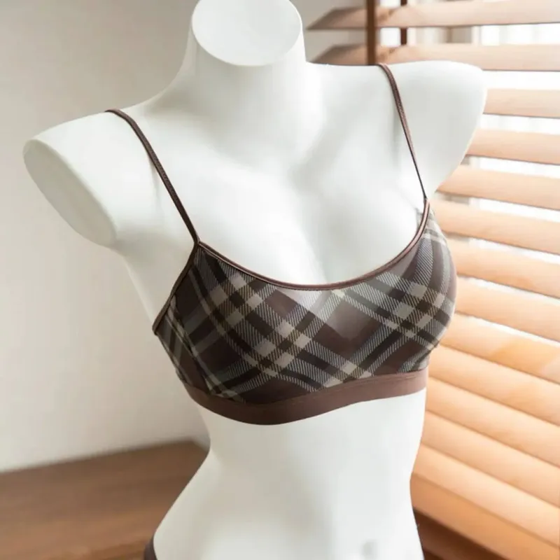 Women American Retro Plaid Intimates Set Thin Push Up Bra Anti Sagging Armpit Fat Support Comfort Everyday Wear