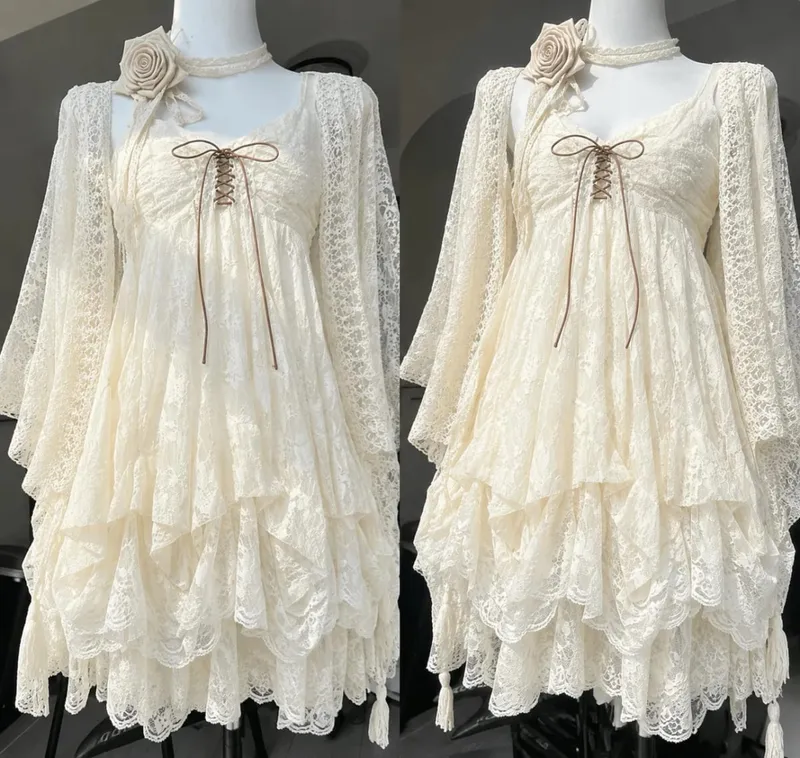 2026 Vrouw Japanse Zoete Kant Bloem Y2k Esthetische Bandage Grunge Jurken Harajuku Mouwloze Patchwork Vintage Jurk Chic