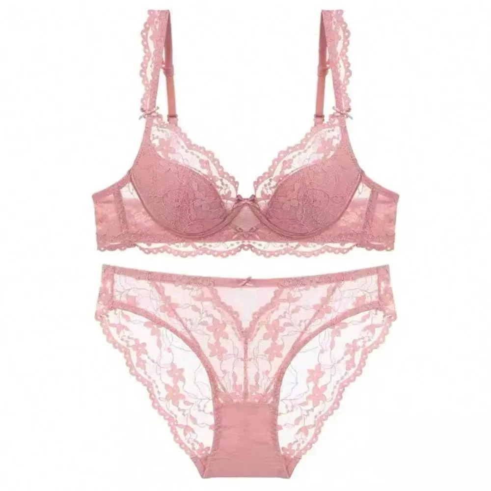 Conjunto de sutiã feminino de renda manga flutter francesa macio underwire fino respirável sexy minimizador beleza costas lingerie 32-38 ab