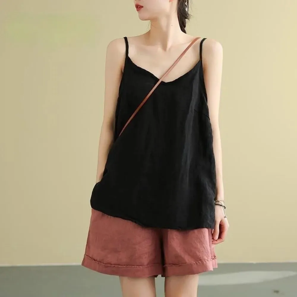 Basic Cotton Linen Spaghetti Strap Top V Neck Sleeveless Sleeveless Tank Top Loose Fit Breathable Camis Top Summer Wear