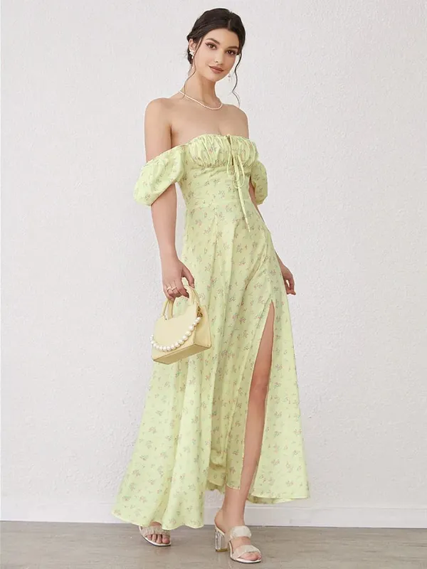 NewAsia Floral Print Dress Sweet Square Neck Puff Sleeve Side Spilt Drawstring Maxi Dresses for Women Party Chic Casual Outfits — image 9