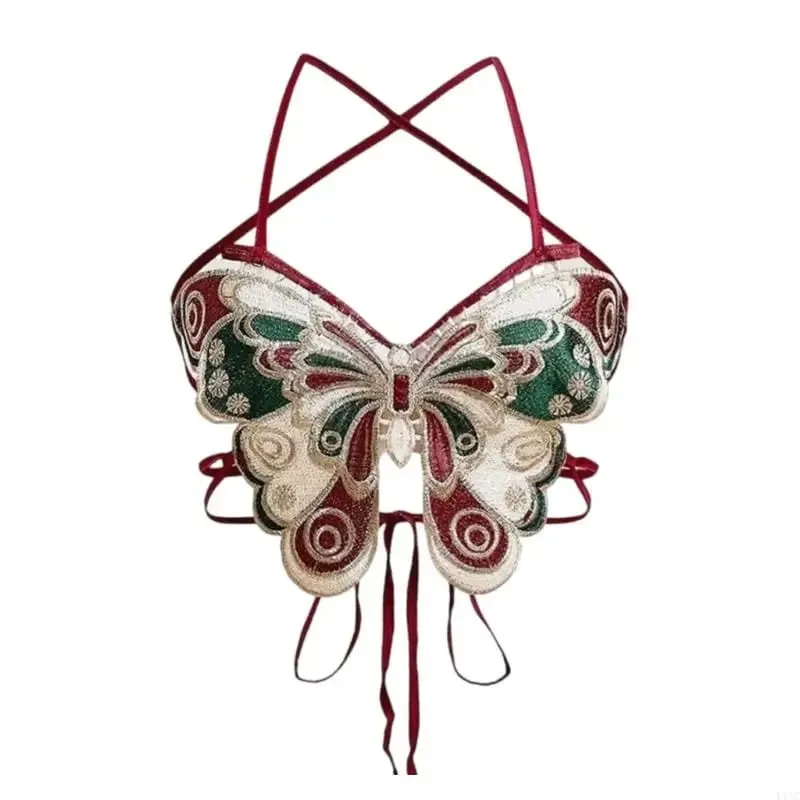 Y1AC Women Strappy Backless Beach Crop Top Butterfly Embroidery Halterneck Camisole