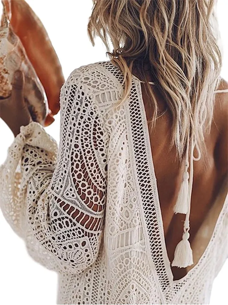 Women's Lace White Dress Long Lantern Sleeve Deep V-neck Backless Mini Dress Casual Elegant Fall Dresses