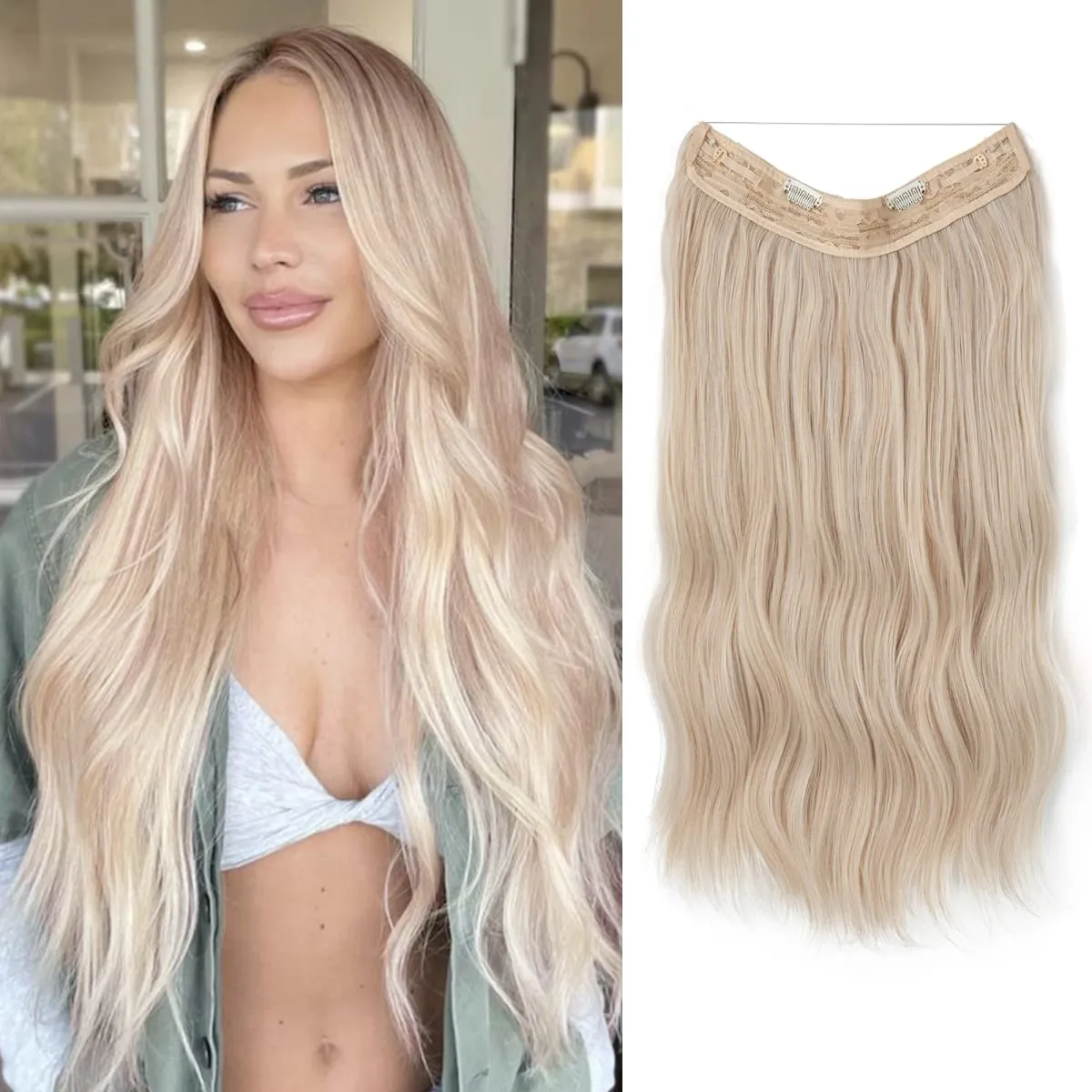 Synthetic Wave Invisible Wire With Clips Hair Extensions Fish Line Natural Blonde Clip In Hairpiece Fake Hair Piece