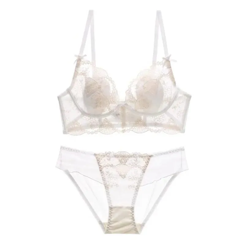 French Lace Lingerie Set Women Wirefree Minimizer Support Summer Ultra Thin Bra Large Chest Petite Look Bunny Ears
