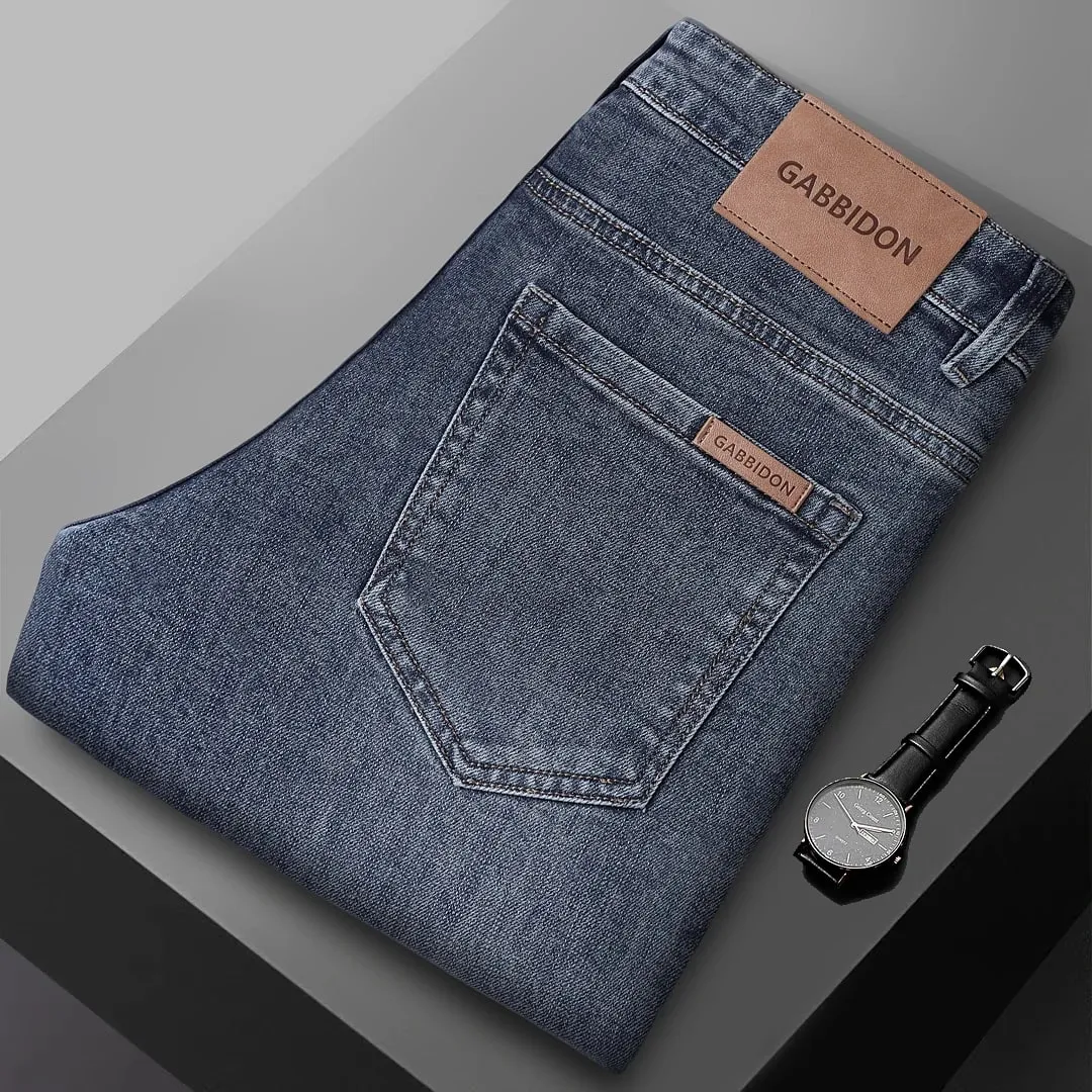 Spring New Men's Straight Jeans Comfortable Elastic Casual Business Work Trousers Retro Blue Fashion Fit Washed Denim Pants — image 10