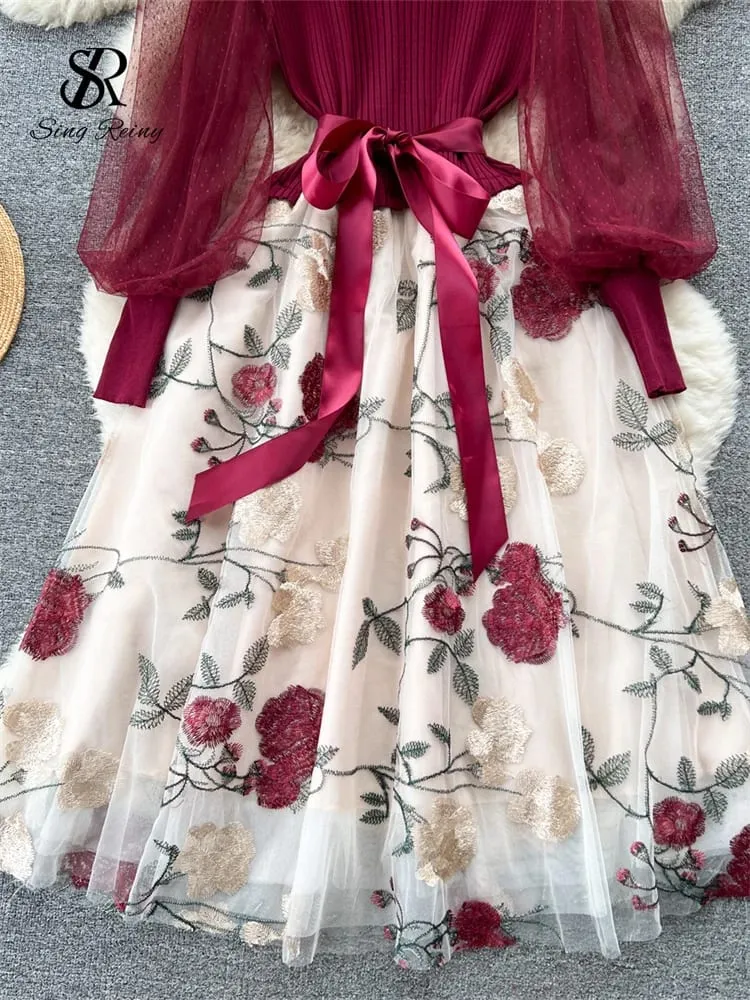 Senior Knitted Patchwork Dress Long Lantern Sleeves Bow Mesh Embroidery Floral Women Autumn France Elegant Party Dress — image 7