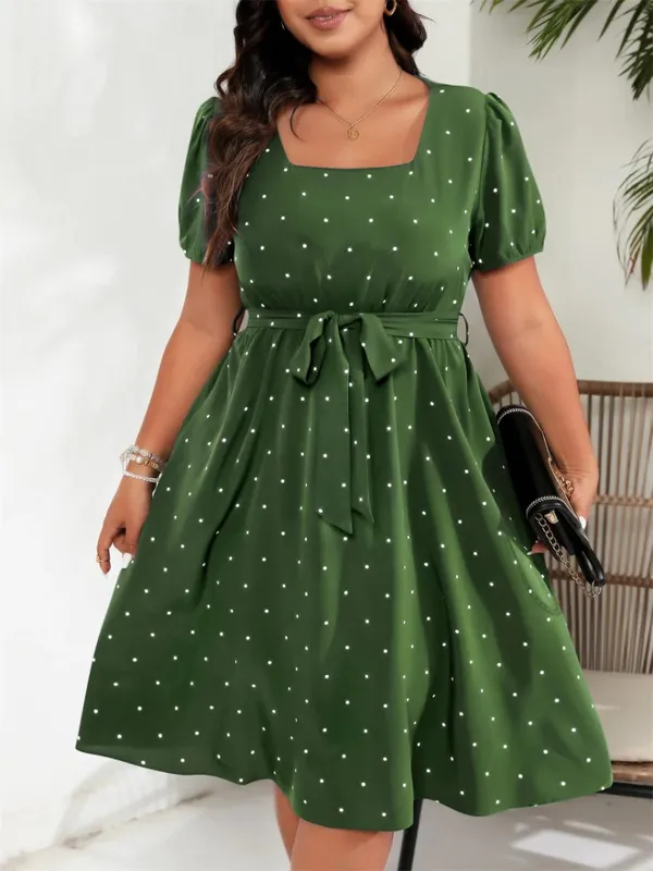 Plus Size Square Neck Polka Dot Bæltekjole Dame Elegant Retro Pufærmer Højtalje Sommer A-line Big Swing Kjoler