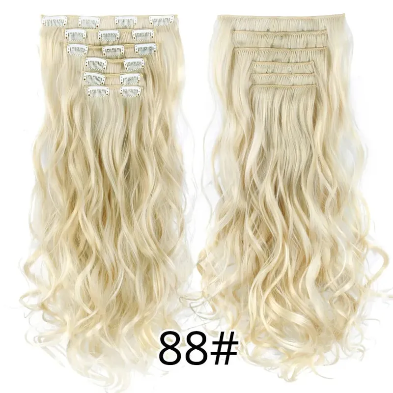 Black Clip In Extensions Straight 22" Long Synthetic Thick Clips On Hair Piece For Women 6Pcs/Set Curly Full Head Weddings Daily
