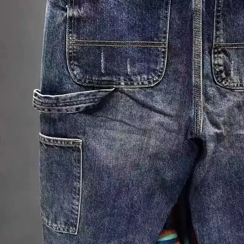 Heavy Trendy 2025 Brand Tooling Multi-pocket Jeans Men's Trend Loose Retro Small Feet Harlan Patchwork Cargo Straight Pants