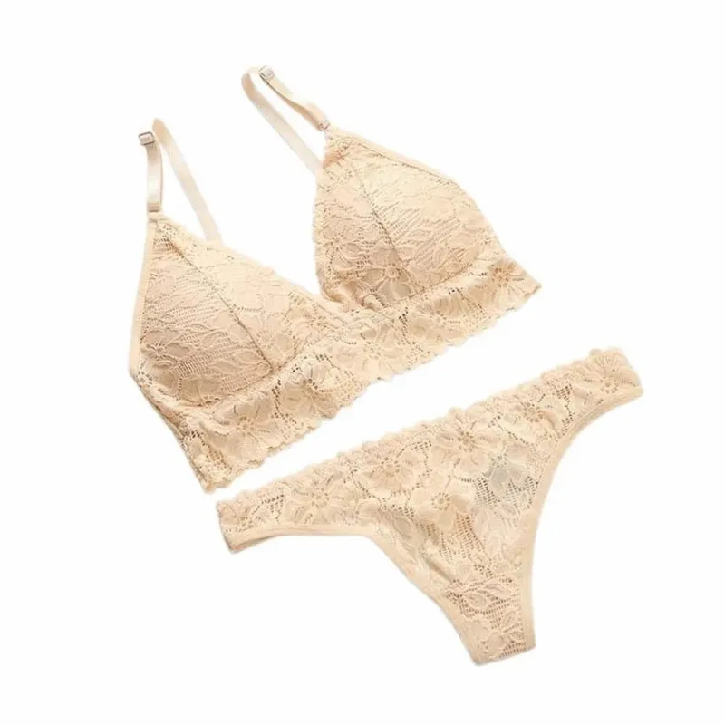 Sweet V Neck Lace Flower Bra Set Solid Color Thong Floral Panties Bra Kit Low Waist Lingerie Lace Underwear Romantic Night