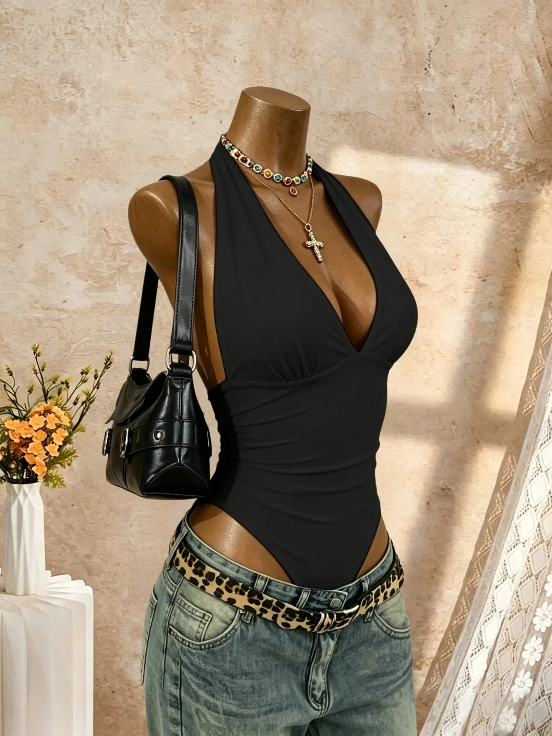 Women Halter Deep V Neck Bodysuit Solid Color Sleeveless Ruched Front Slim Fit Basic Jumpsuit Tank Top — image 4