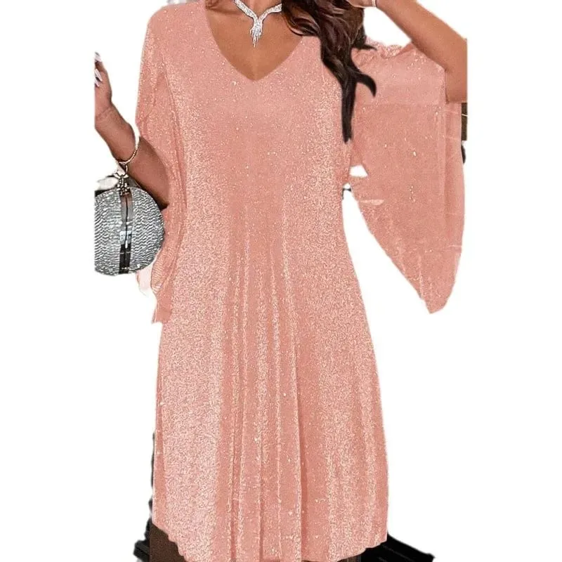 Bright Sequin Dresses Women V-neck See Through Chiffon Patchwork Irregular Half Sleeves Loose Mini Dress Female Vestidos 2024 — image 6