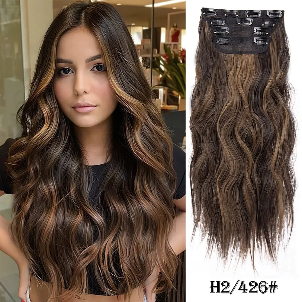 Leeons Wavy Clip In Hair Extensions 4 PCS Natural Soft Long Wavy Hairpieces Thick Double Weft Clip In Hair Extensions For Woman
