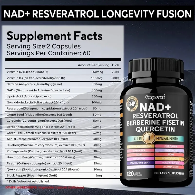 NAD Resveratrol Berberine - Supports Healthy Aging Promotes Cardiovascular Health & Cell Health Improve Endurance