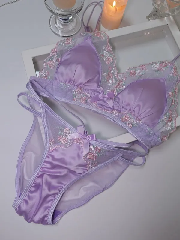 Girls French Bra Thin Triangle Cup Purple Embroidery Light Luxury Silk Sexy Pure Desire Lace Underwear Set