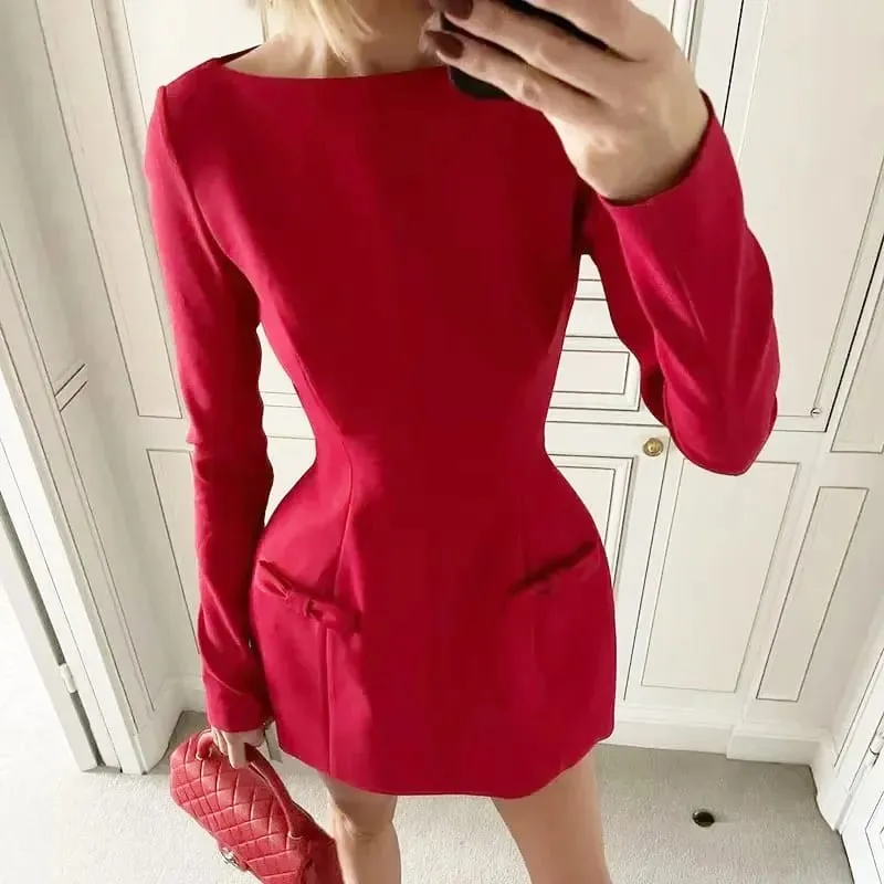 Bows Splice Long Sleeve Mini Dress Elegant Office Woman Solid Bodycon Club Party Dresses 2024 Autumn High Waist Fashion — image 4