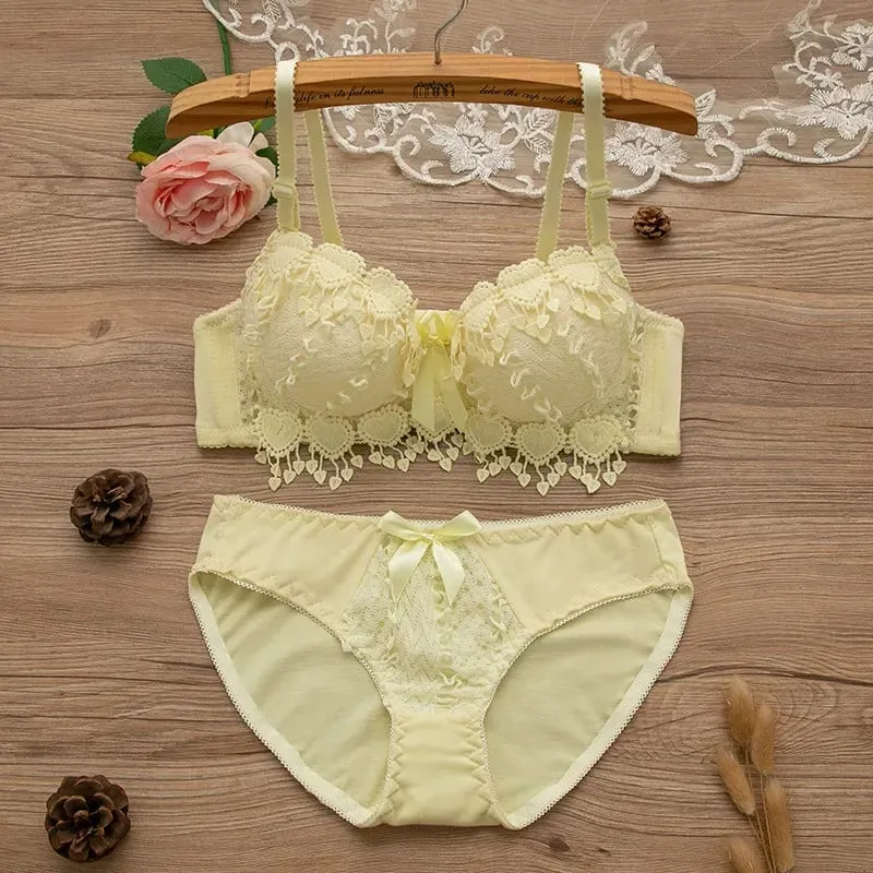 Underwire Women Lingerie Set Tassel Lace Push‑Up Bra With Removable Pads Bow Soft Multi‑Color Comfort Ladies Intimate Underwear