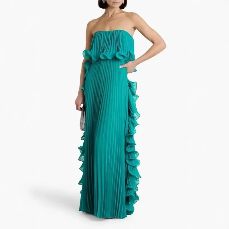 Vestido de fiesta de verano para mujer, vestido largo formal de gasa plisado naranja, vestido de fiesta de playa sin tirantes con volantes hecho a medida