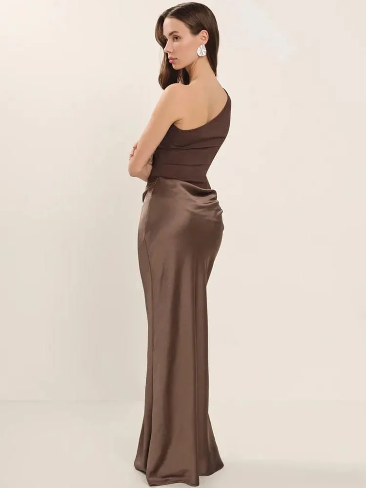 Mozision Satin Inclined Shoulder Sexy Maxi Dress Women Fashion Patchwork Sleeveless Backless Bodycon Evening Club Party Dress