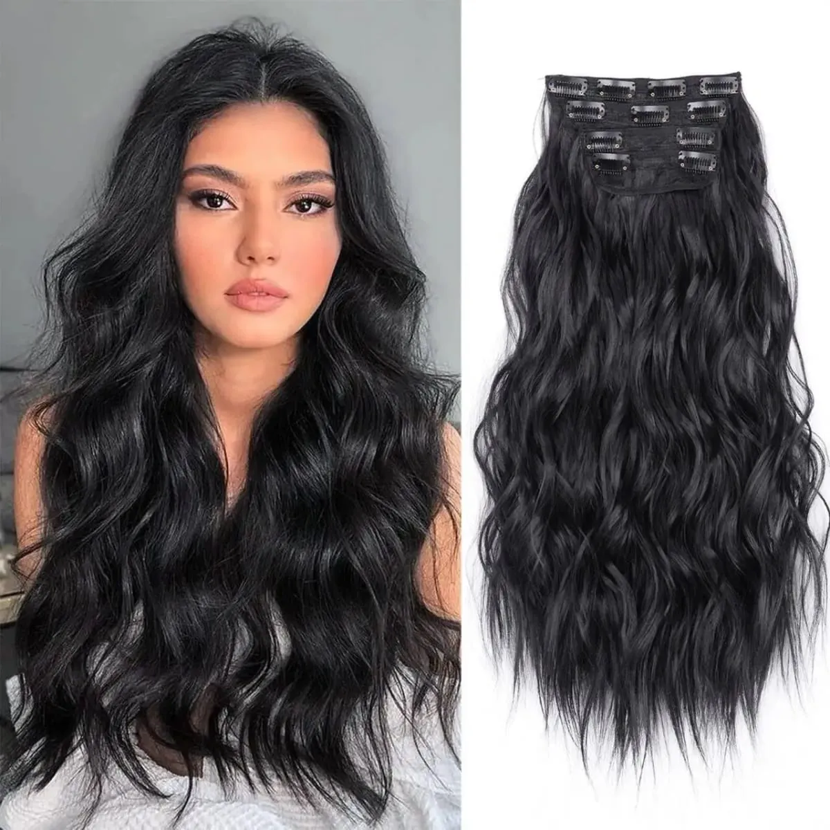 linwan Clip In Hair Extensions 4 PCS Full Head 20 Inch Long Curly Wavy Synthetic Hair Pieces Natural Wavy For Women Girls Hair