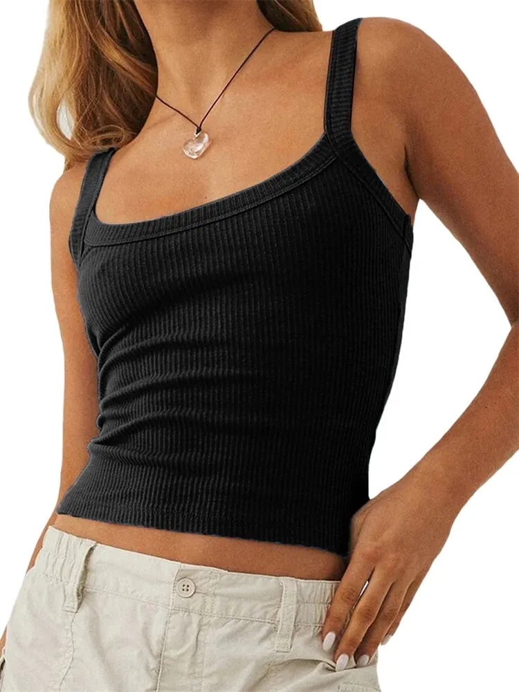 Women´s Solid Color Tank Tops Basic Vest Ribbed Sleeveless U Neck Slim Fit Cropped Tops