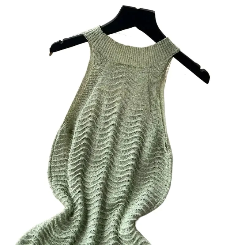 Minivestido verde transparente con cuello Halter, vestido veraniego con textura ondulada sin mangas para mujer, vestido ajustado de punto elástico para fiesta de verano