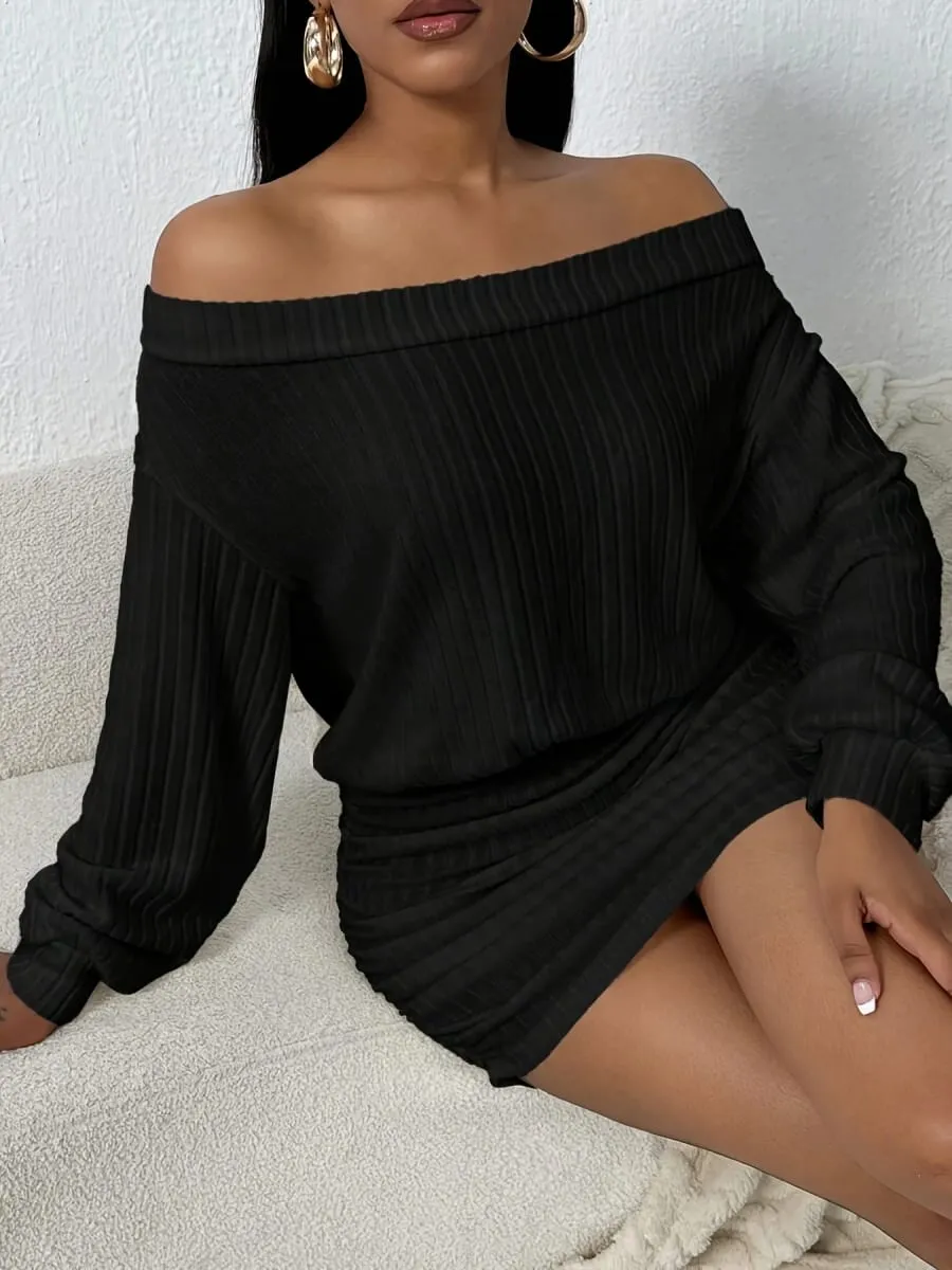 Vestido de malha de manga comprida multifuncional casual de um ombro