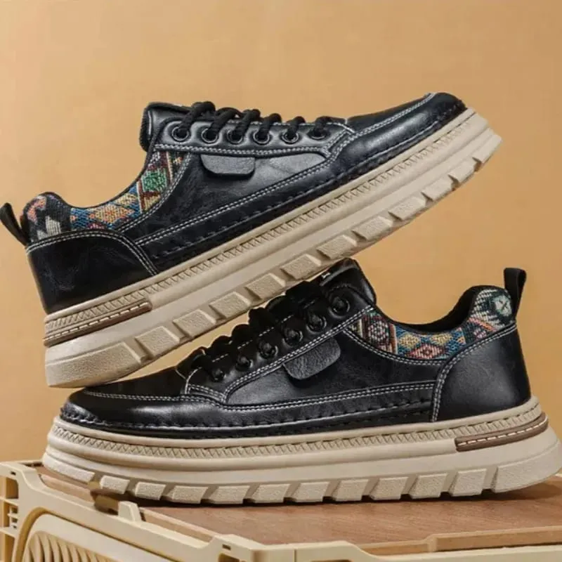 Men Spring Summer Casual Shoes Thick Sole Platform Sneakers Smooth Texture Woven Collar Lace Up Comfortable Footwear