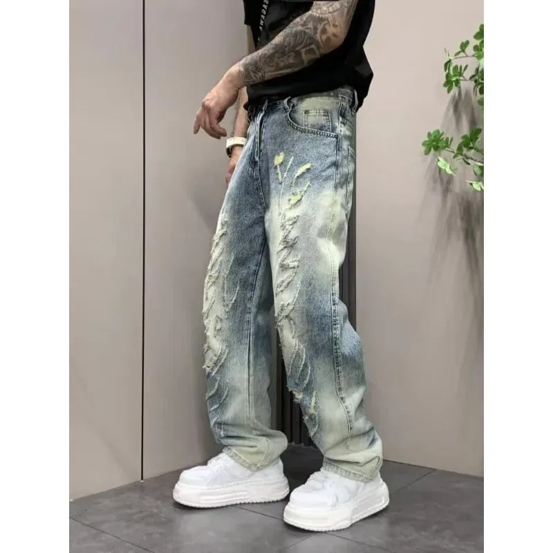 Men's Jeans Man Pants Classic Straight Fit Faded Ripped Jeans Denim Trouser Casual Loose Slim Stylish Street Retro Blue — image 4