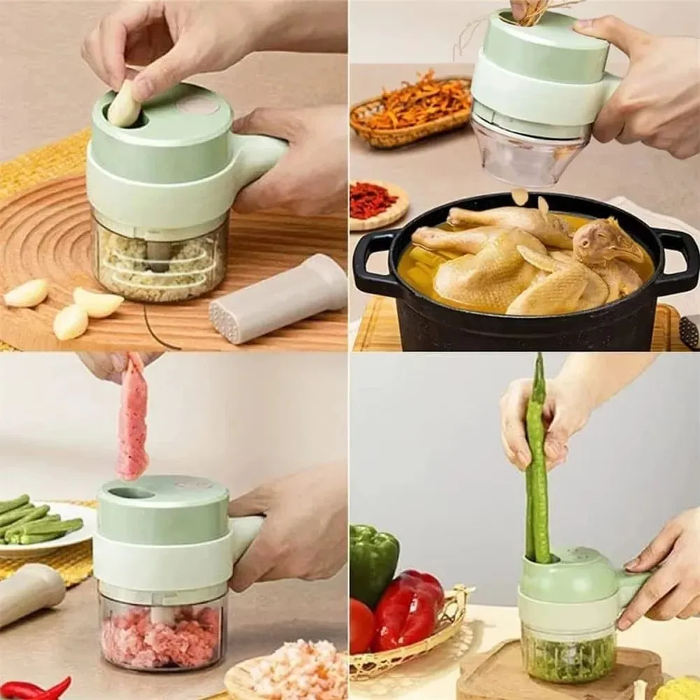 4 dalam 1 Pemotong Sayur Elektrik Pegang Tangan Pemproses Makanan Tanpa Wayar Set Penghiris Sayur Lada Bawang Putih Tumbuk Alat Memasak Kisar — image 3
