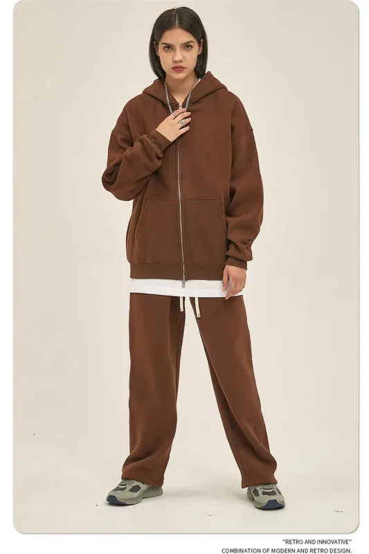New Men Double Headed Zipper Fleece Hoodies Unisex Loose Basic Solid Warm Hooded Sweatshirts Coats For Winter HY0633