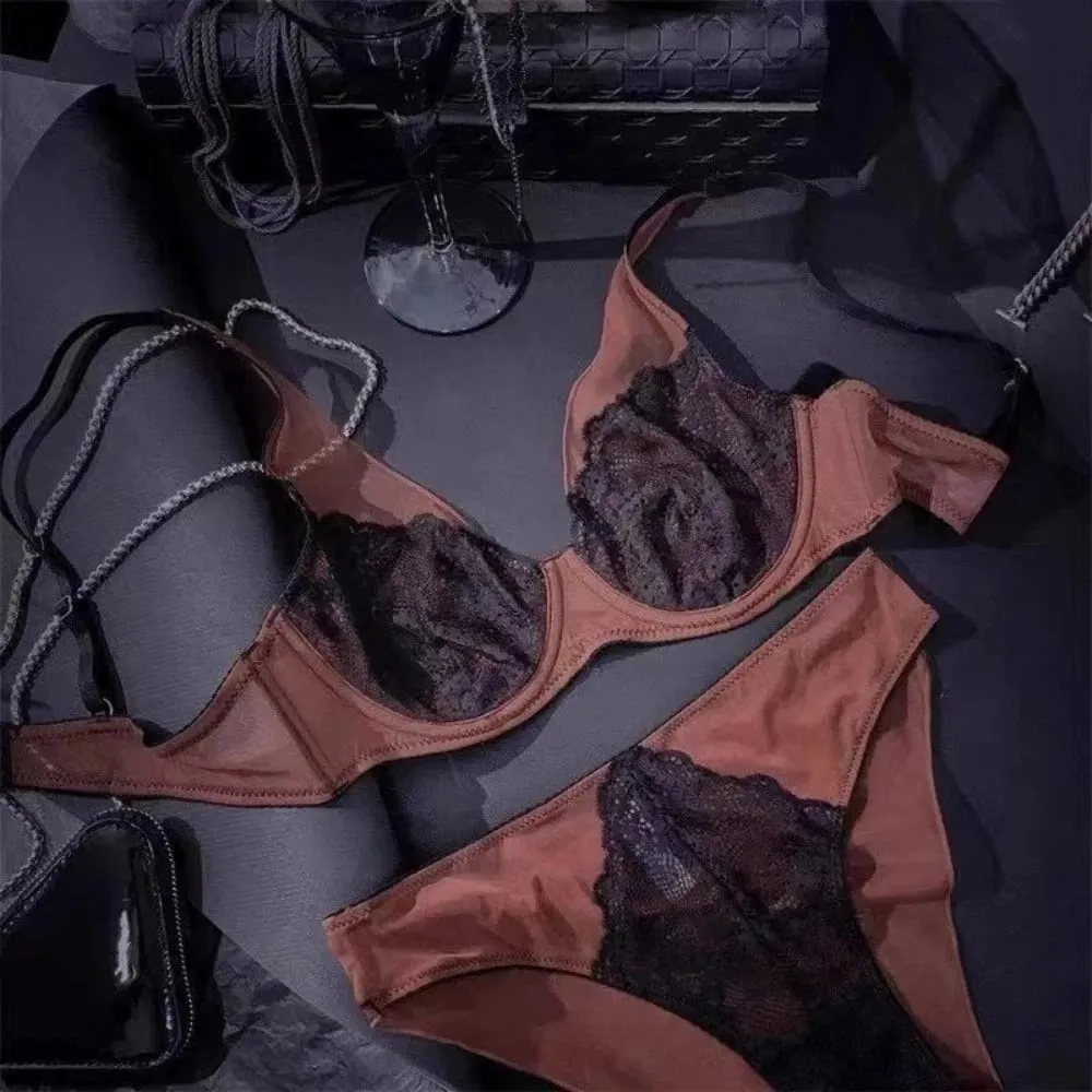 Sweet Mesh Lace Flower Bra Set Lingerie Brassiere Push Up Bra Women Seamless Underwear Lace Floral Underpants Home — image 3