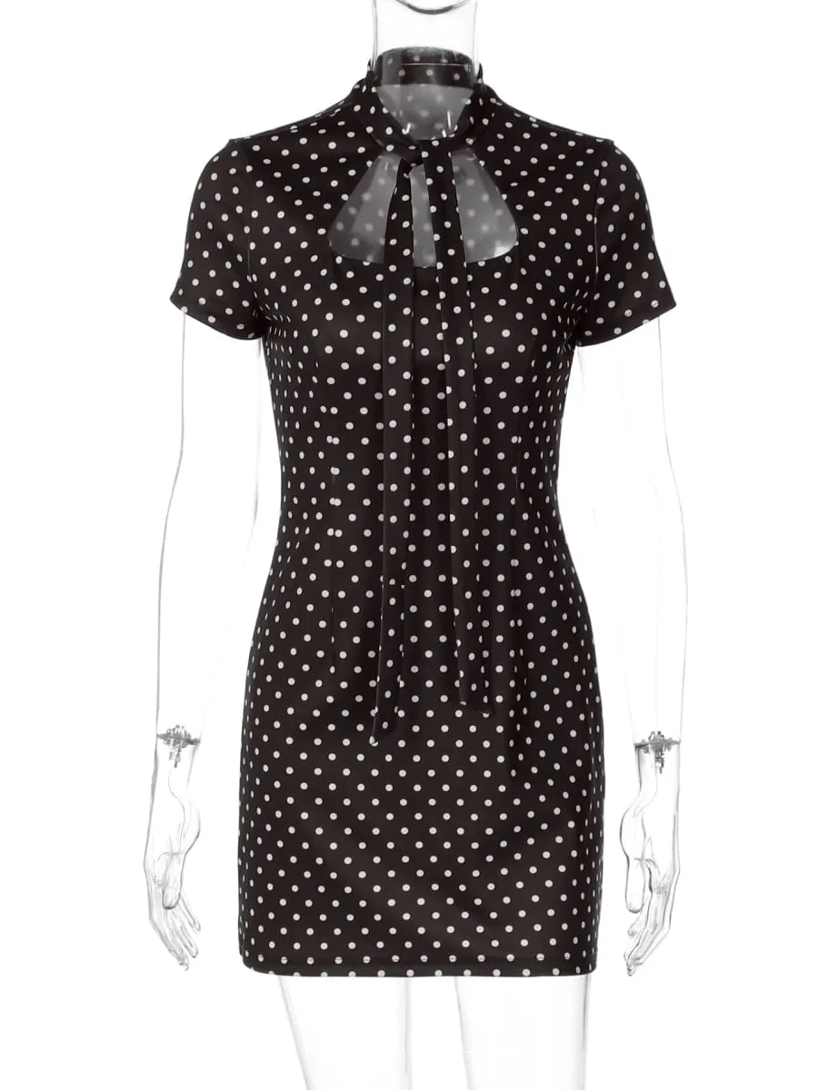 Dulzura Turtleneck Short Sleeve Lace Up Hollow Out Polka Dot Mini Dress Women'S Fashion Sexy Elegant Dress Party Vacation Outfit