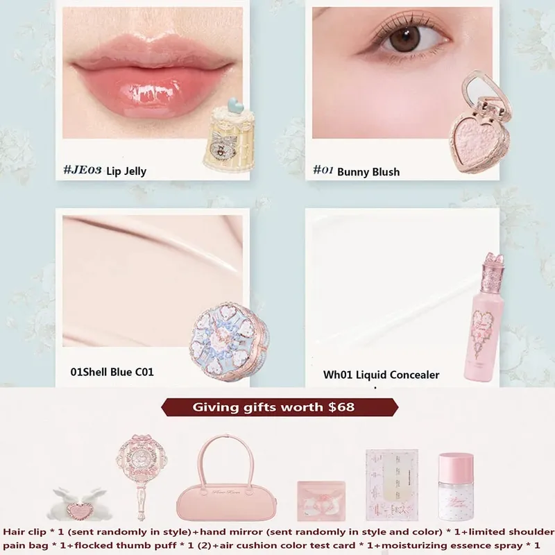 Flower Knows Makeup Gift Set Lip Cream Blush Cushion BB Cream Brightening Concealer Hydrating Essence & Cosmetic Bag All-in-One