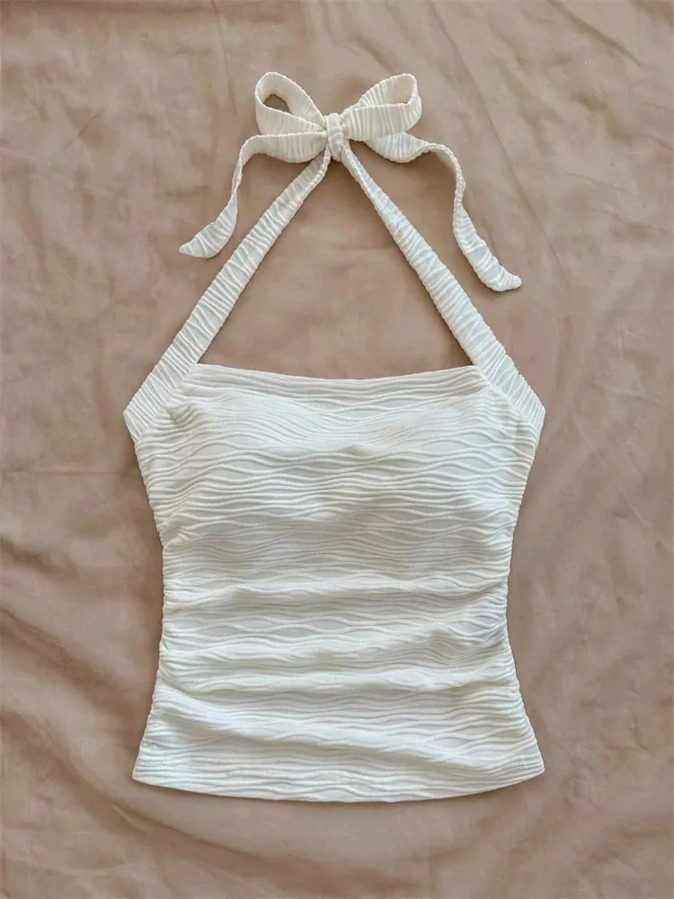 Wave Pattern Solid Color Halter Crop Top for Women Summer Sexy Ruched Waist Backless Cami Top Tank Top Streetwear Y2k Clothes
