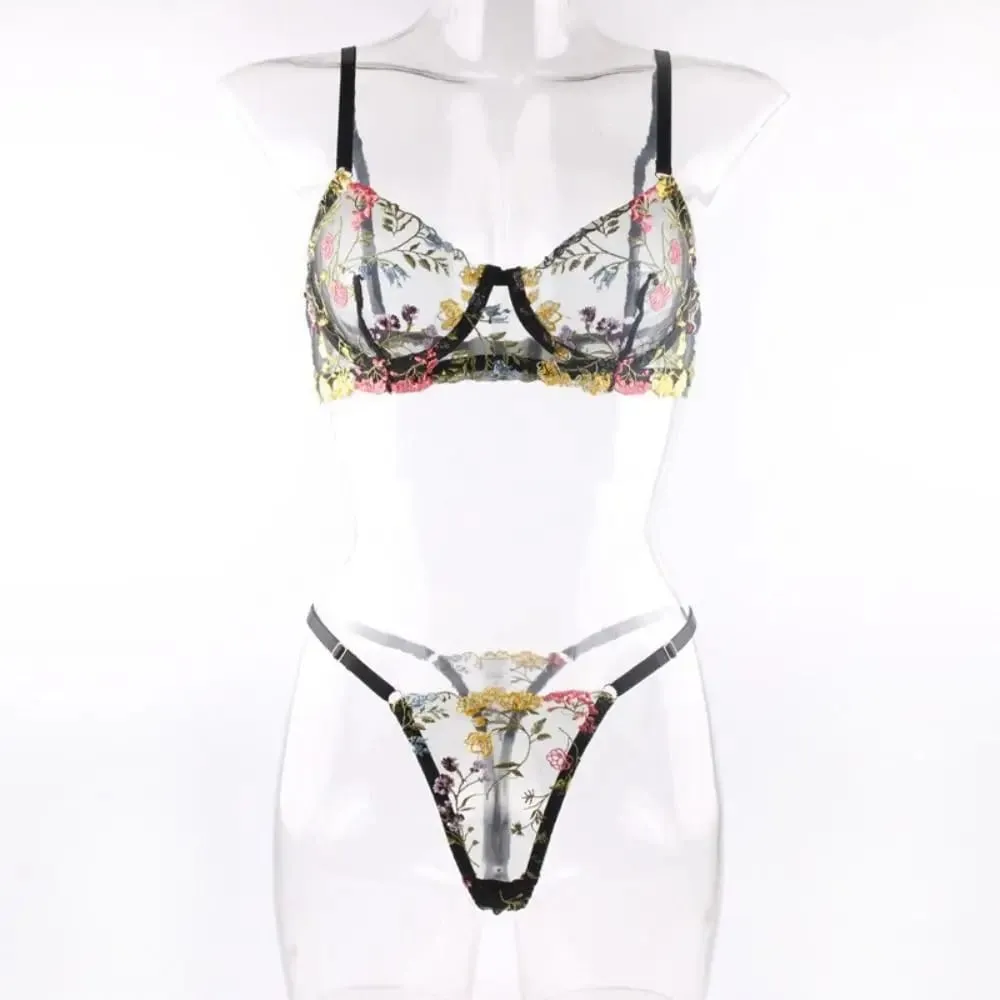 2-Piece Versatile Floral Lingerie Set Embroidery Sheer Boho Bra Panty Set Wireless Bra