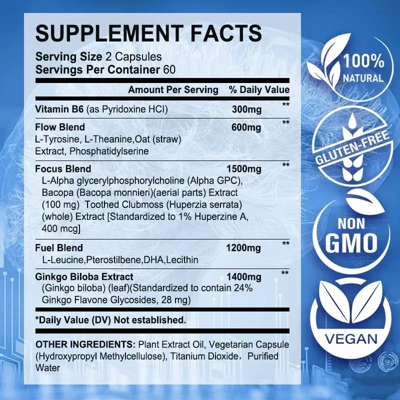 Helps to enhance memory learning ability improve thinking concentration. Improves mood and supports a healthy brain.