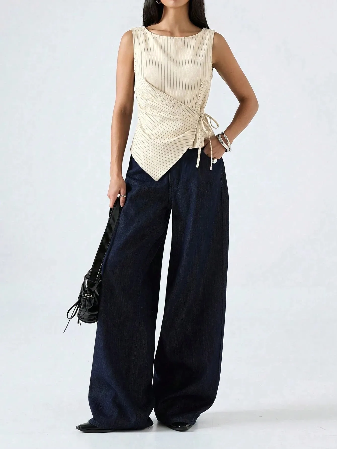 Women's Elegant Stripe Printing Slim Fit Side Tie-Strap Pleating Sleeveless Top Casual Asymmetry Hem Boat Tank Top Summer 2026