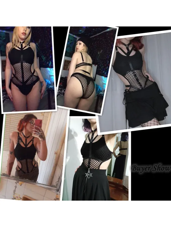 AltGoth Sexy Dark Academia Gothic Bodysuits Nightclub Punk Harajuku Streetwear Hollow Out See Through Jumpsuits Emo Alt Rompers