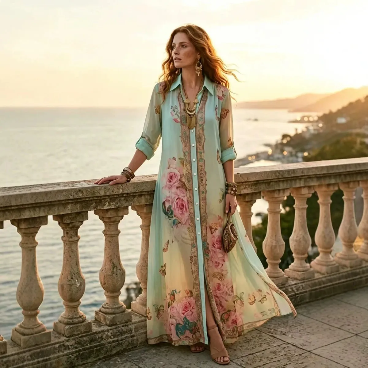 Boho Floral Print Shirt Dresses Women Turn-down Collar Single-breasted Loose Long Dress Summer Casual Beach Vacation Flowy Dress