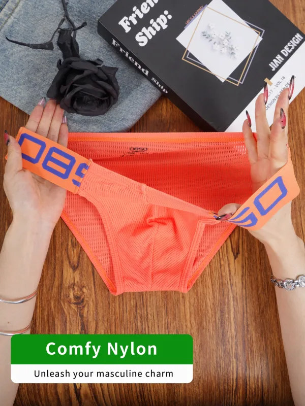 Herren-Slip aus Nylon-Mischgewebe, atmungsaktiv, Horn, Spleiß, Buchstabenprägung, breiter elastischer Bund, fluoreszierende Farbe, sexy Unterwäsche