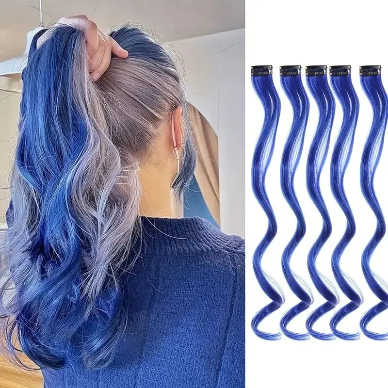 5Pcs Colored Hair Extensions Party Highlights Curly Wavy Hairpiece Clip In Synthetic Streak For Girls Women Halloween Wig